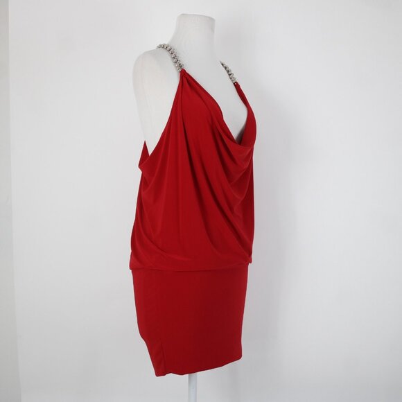 Cache Sz XS Red Silver Beads Racer Back Draped Polyester Spandex Dress - Picture 6 of 14